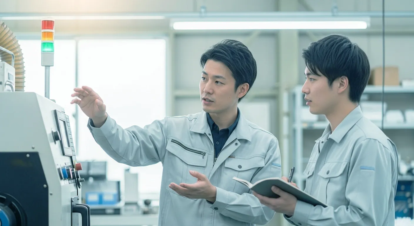 保全技術者が設備の前で打ち合わせする様子